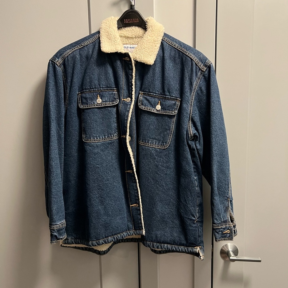 Old Navy Dark Blue Denim Jacket with Cream Sherpa Lining